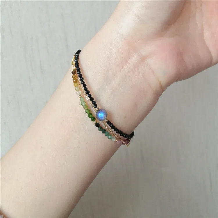Natural Colorful Mix Tourmaline Bead Bracelet Handmade Women 14K Gold Filled Chain Double Layer Bracelet Semi Precious Jewelry