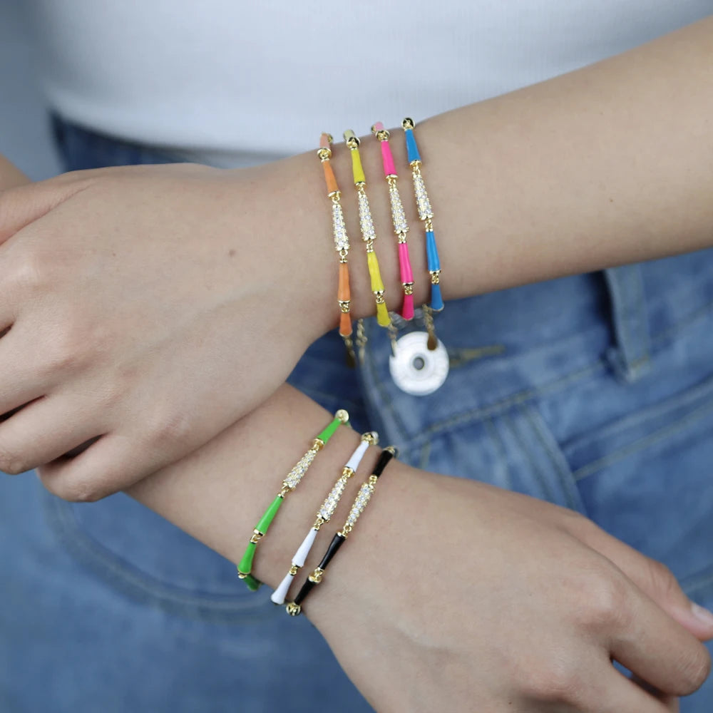 Rainbow Neon Enamel Beaded Link Chain Colorful Gold Color Women Girl New Bracelet