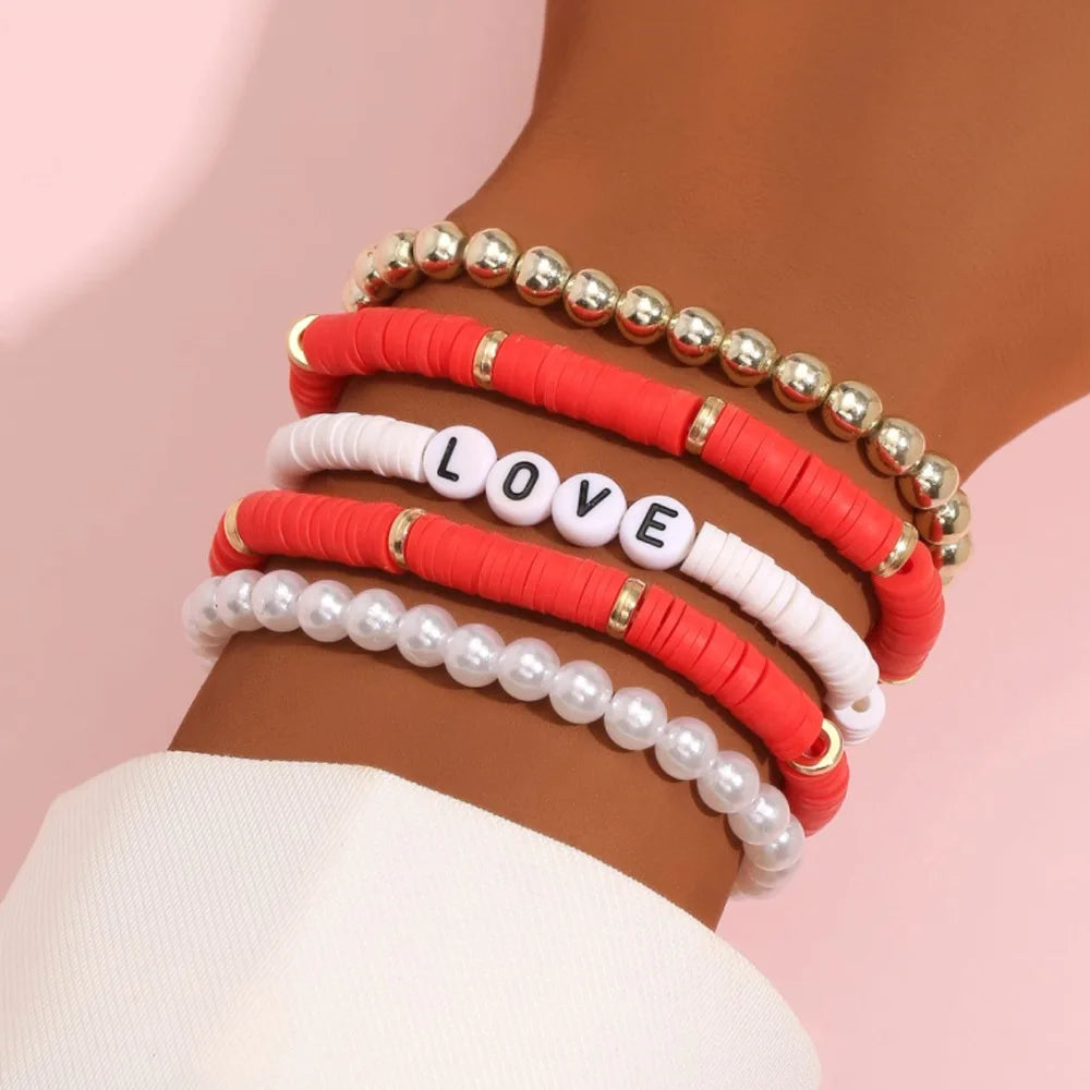 Fashion Rainbow Stackable Bracelets Set For Women Heart Charm Soft Clay Pottery Layering Beads Chain Bangle Female Boho Jewelry