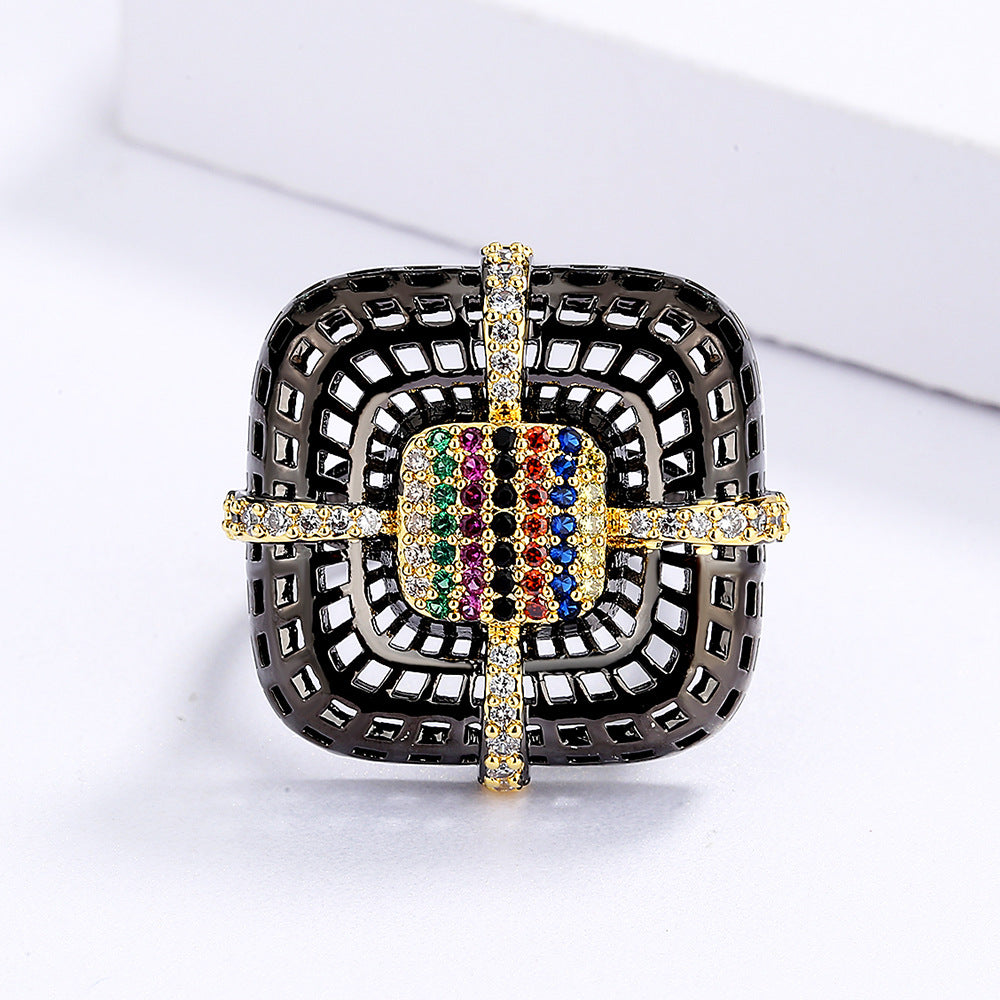 925 Silver Women's Ring Exquisite Black Gold Flower Ring Inlaid Colorful Zircon Geometric Couple Ring Black Gold Jewelry