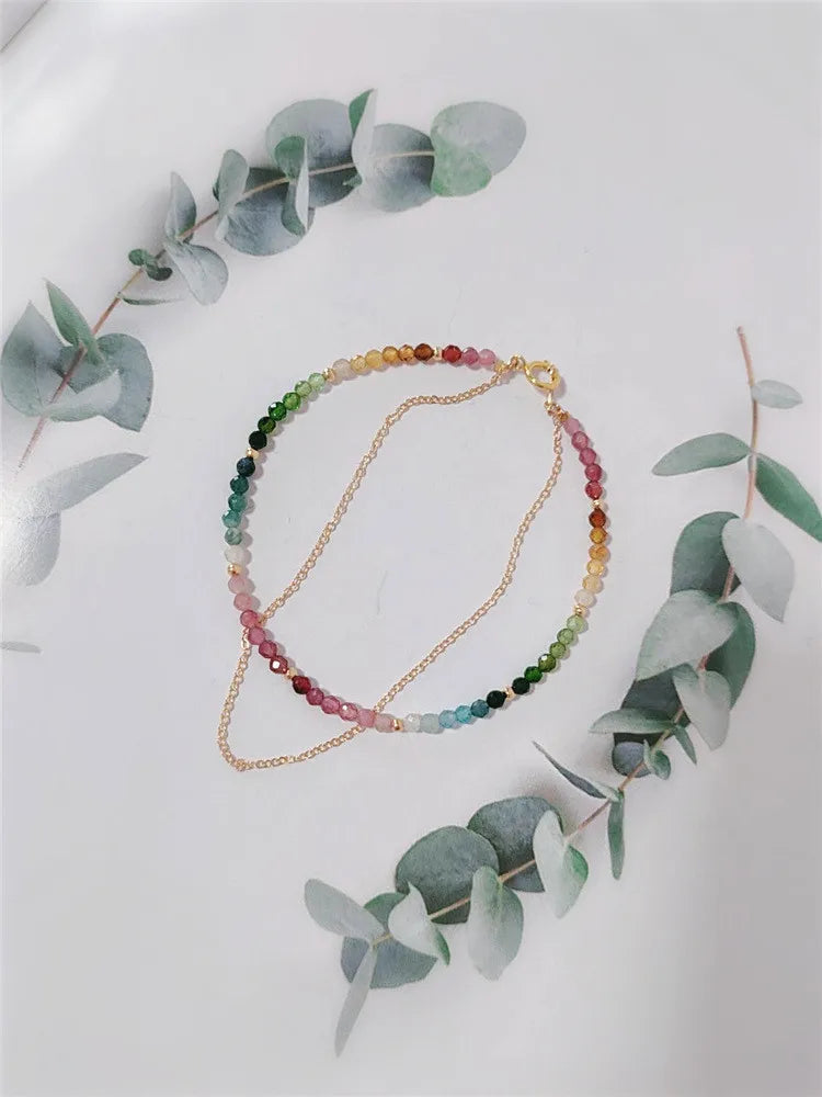 Natural Colorful Mix Tourmaline Bead Bracelet Handmade Women 14K Gold Filled Chain Double Layer Bracelet Semi Precious Jewelry