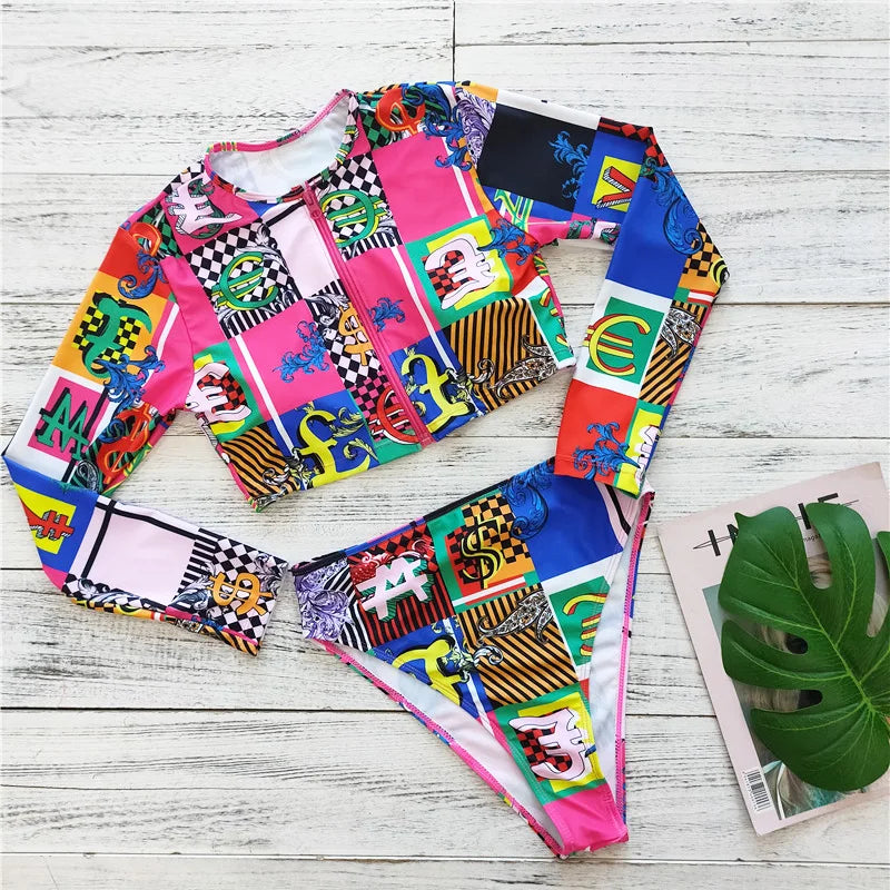 2023 Sexy Long Sleeve Bikinis Women Swimsuit Green Leaves Print Bathing Suits Beachwear Brazilian Bikini Set Biquini Female