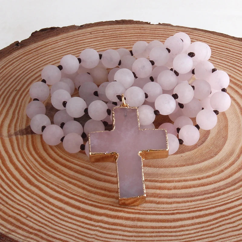 RH Fashion Bohemian Tribal Jewelry 8mm Natural Stones Knotted Stone Cross Pendant Necklaces Women Ethnic Necklace