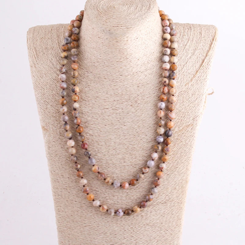 New Bohemian Jewelry long Knotted Halsband 8mm 125-128cm Double wrap Natural Stone Necklace