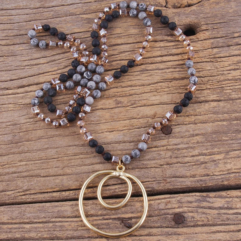 Fashion Bohemian Jewelry Accessory 6mm Stones/Crystal Knotted With Metal Round Pendant Necklaces Women Boho Gift