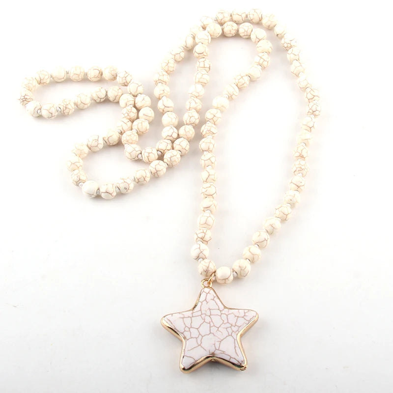 Fashion Bohemian Tribal Jewelry Turq/White Stone Long Knotted Pentagram Star Pendant Necklaces