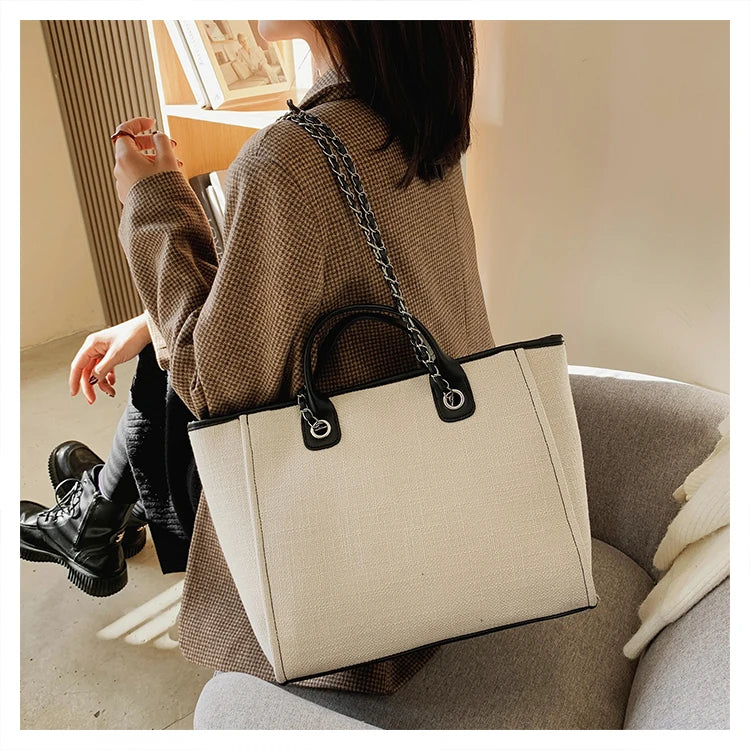 Women Tote Bag Fashion Canvas Large Capacity Handbag Casual Chains Shoulder Bags Ladies Big Messenger Bag Shopping Bag