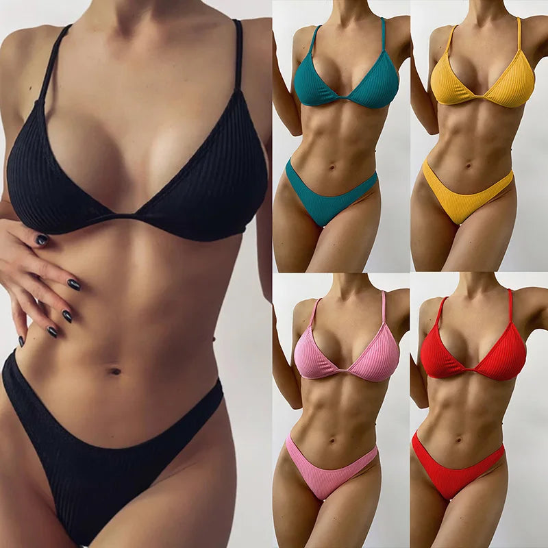 Bandeau Tanga Bikinis Ribbed Bikini 2025 Sexy High Cut Bikini Set Brazilian Swimsuit Thong Swimwear Women Girls Swimming Suit