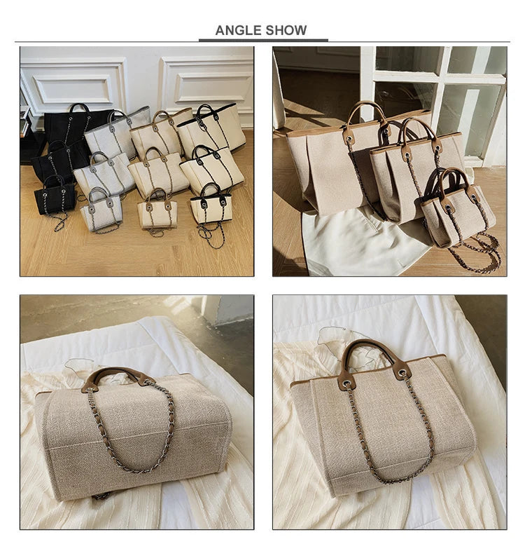 Women Tote Bag Fashion Canvas Large Capacity Handbag Casual Chains Shoulder Bags Ladies Big Messenger Bag Shopping Bag