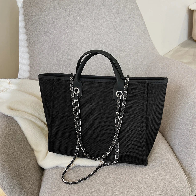 Women Tote Bag Fashion Canvas Large Capacity Handbag Casual Chains Shoulder Bags Ladies Big Messenger Bag Shopping Bag