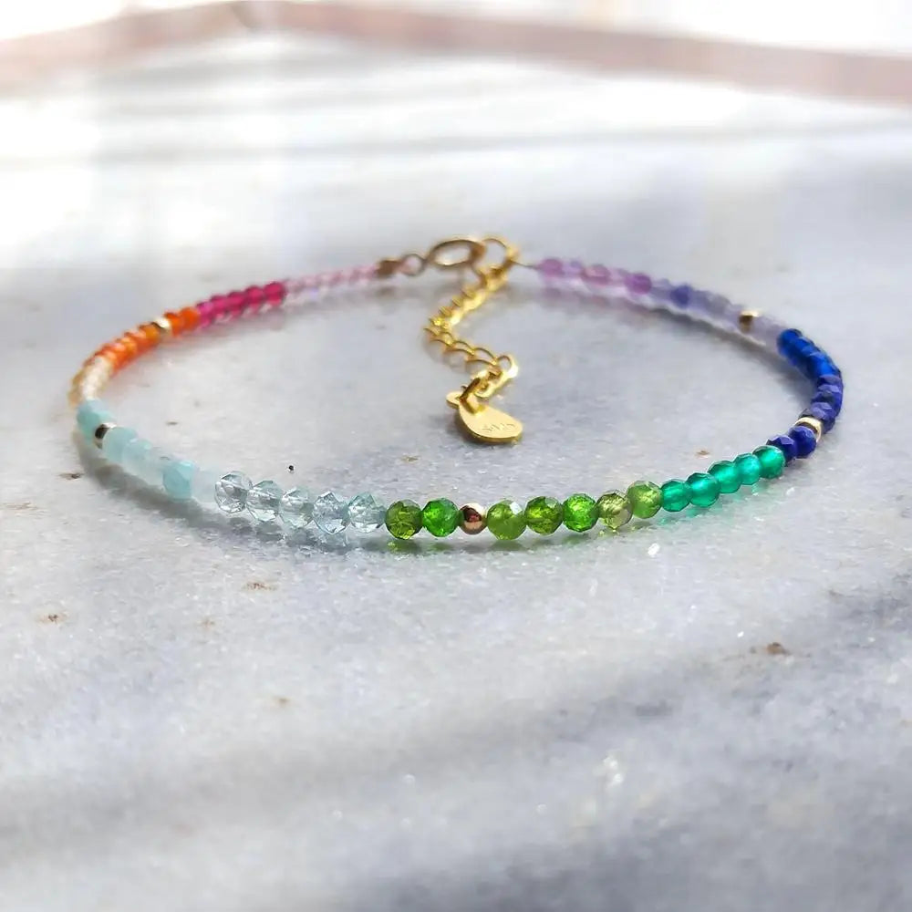 LiiJi Real Stone Small Rainbow Healing Stone 925 Sterling Silver Gold Color Adjustable Bracelet For Women Girls Jewelry