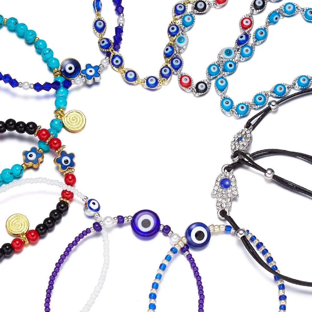Lucky Handmade Vintage Rhinestone Palm Blue Evil Eye Pendant Link Chain Bracelet For Women Men Good Luck Bracelet Jewelry Gift