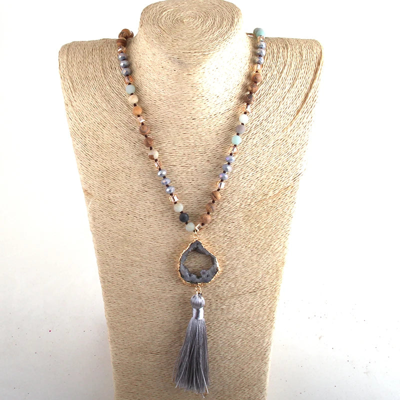 RH Fashion Bohemian Jewelry Natural Stones Crystal Knotted Druzy Stone Links Tassel Necklaces Women Gift Drop Shipping