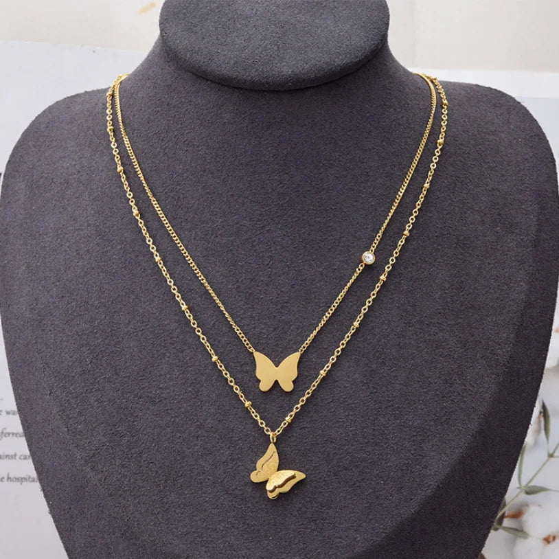 316L Stainless Steel New Fashion Upscale Jewelry 2 Layer Zircon Butterfly Charms Beaded Chain Choker Necklaces Pendant For Women