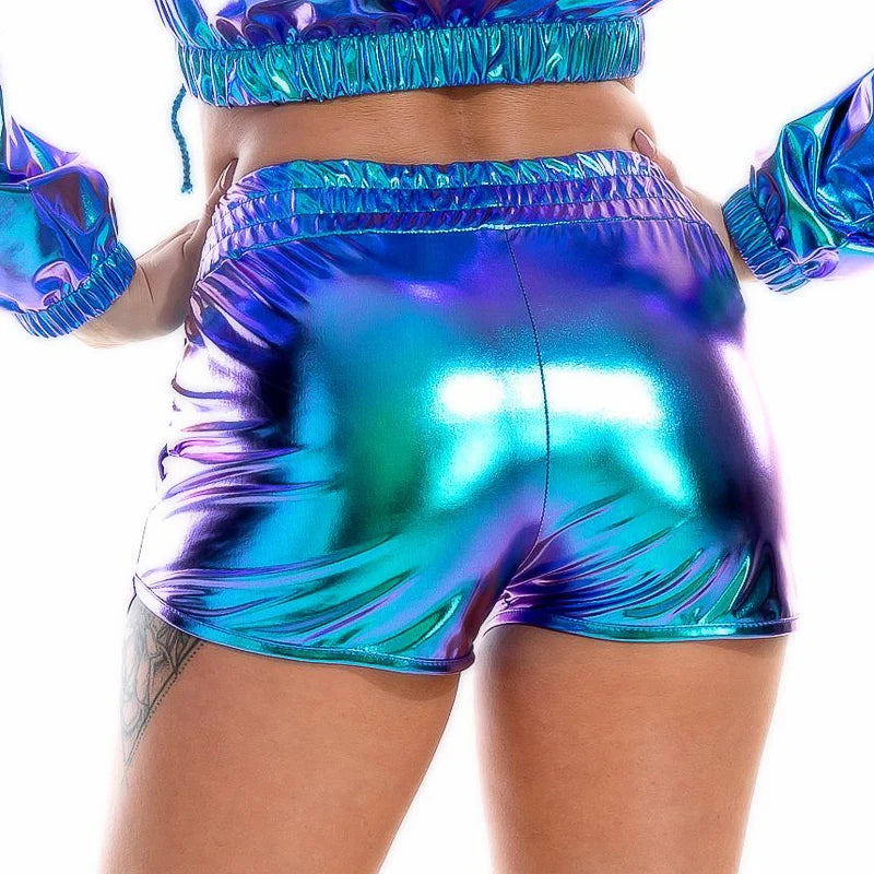 Women Skinny PU Leather Gold Leopard Shorts Summer Shiny Elastic Waist Metallic Booty Club Rave Festival HotPants Bottoms
