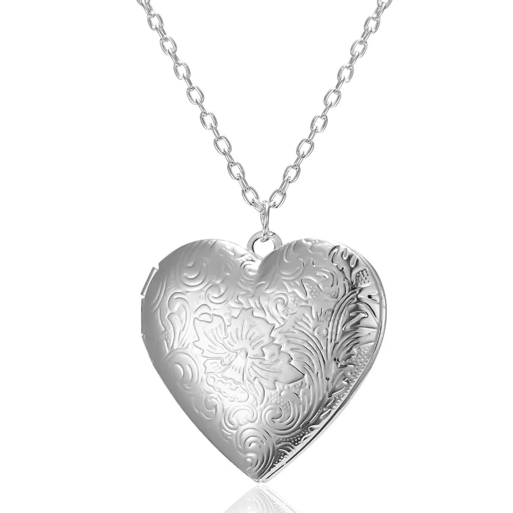 Unique Carved Design Heart-shaped Photo Frame Pendant Necklace Charm Openable Locket Necklaces Women Men Memorial Jewelry