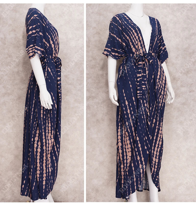 2023 Bikini Cover-ups Black Retro Striped Self Belted Women Summer Clothing Kimono Dress Beach Wear Swim Suit Cover Up Q1225