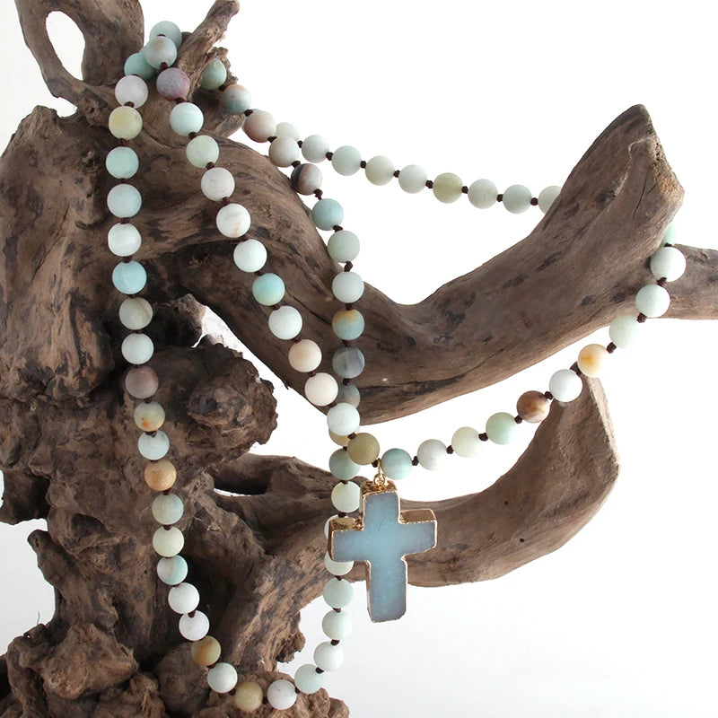 RH Fashion Bohemian Tribal Jewelry 8mm Natural Stones Knotted Stone Cross Pendant Necklaces Women Ethnic Necklace