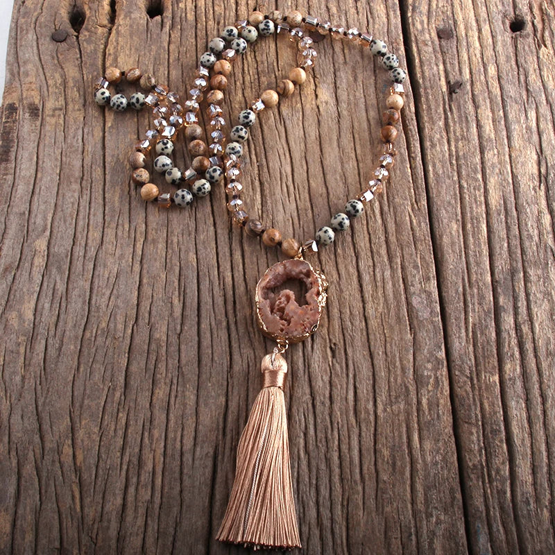 RH Fashion Bohemian Jewelry Natural Stones Crystal Knotted Druzy Stone Links Tassel Necklaces Women Gift Drop Shipping
