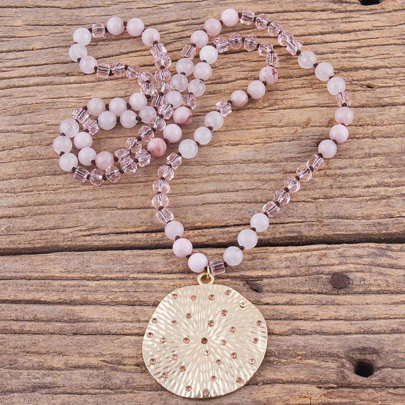 RH Fashion Bohemian Jewelry Natural Stones With Glass Links Crystal Round Pendant Necklaces For Women Boho Gift