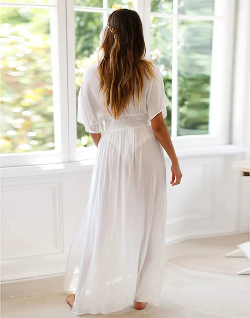 2024 Crochet White Knitted Beach Cover Up Dress Tunic Long Pareos Bikinis Cover Ups Swim Cover Up Robe Plage Beachwear