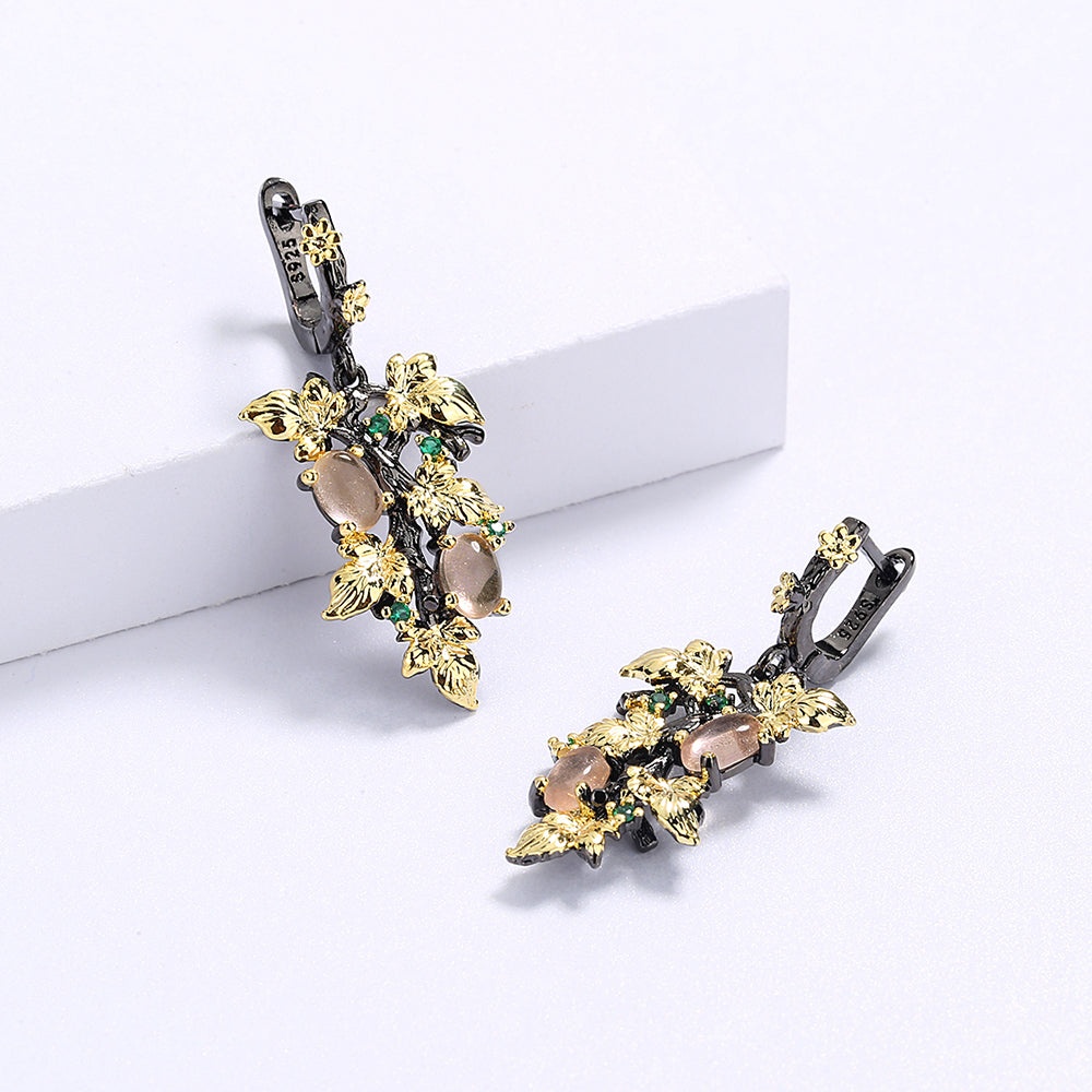 New Elegant Black Gold Ruby Pendant Flower Leaf 925 Silver Earrings Crystal Gemstone Ladies Jewelry Earrings Silver 925 Jewelry