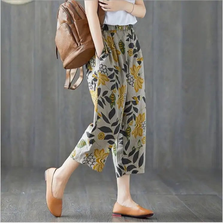 Plus Size Casual Linen Pants 2023 Women's Trousers Vintage Polka Dot Pantalon Female Elastic Waist Printed Turnip Harem Pants
