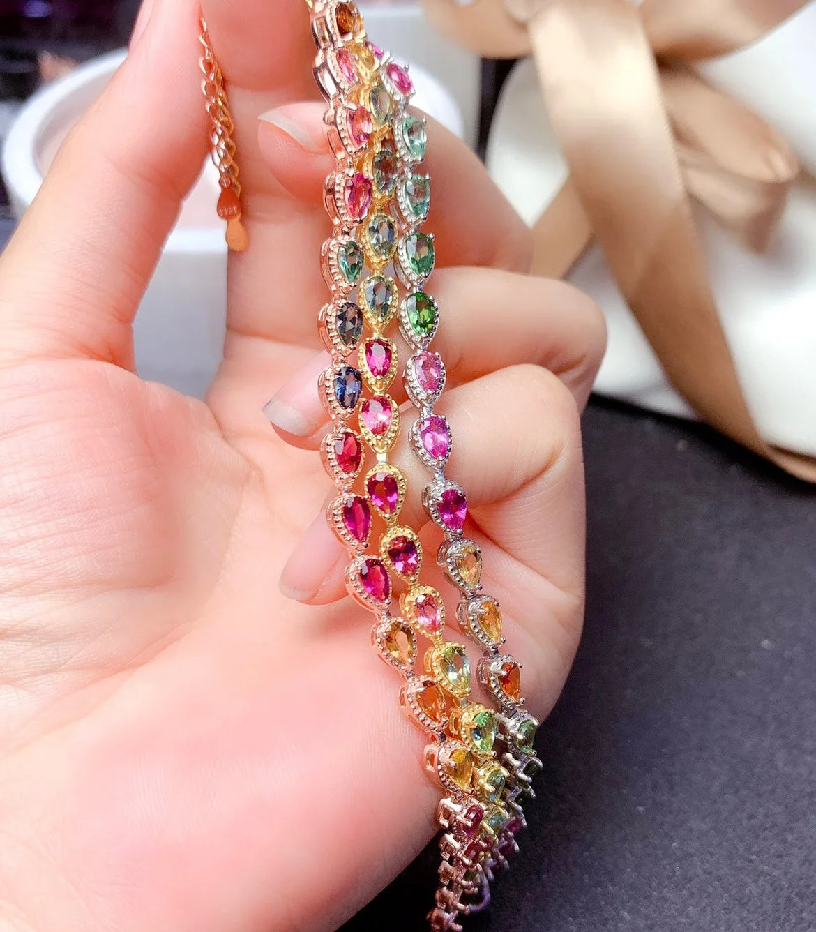 Exquisite Rainbow Tourmaline Bracelets 19cm Chain Rhinestone Slimming Bracelet Women Crystal Healing Bracelet Jewelry Gifts