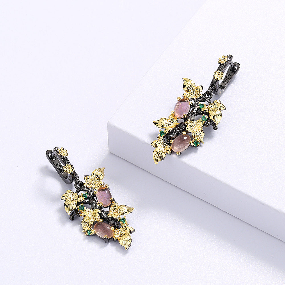 New Elegant Black Gold Ruby Pendant Flower Leaf 925 Silver Earrings Crystal Gemstone Ladies Jewelry Earrings Silver 925 Jewelry