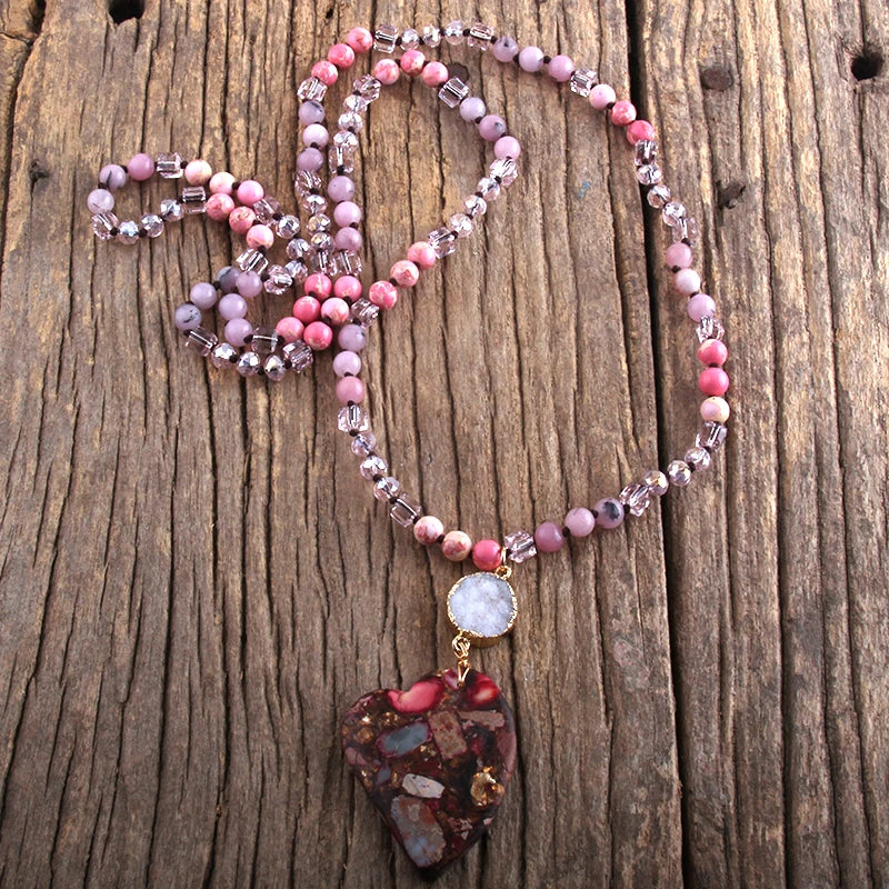 Fashion Bohemian Jewelry Boho Gift Natural Stones With Druzy Links Heart Stone Pendant Necklaces For Women