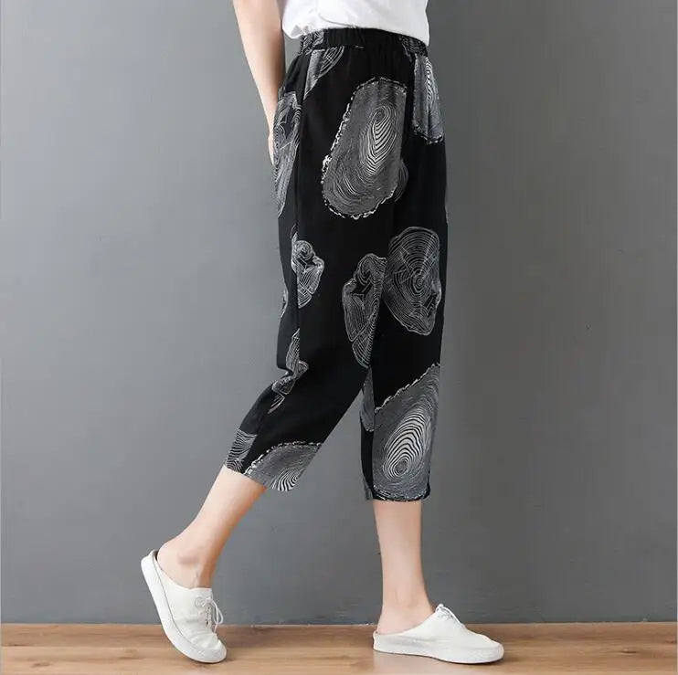Plus Size Casual Linen Pants 2023 Women's Trousers Vintage Polka Dot Pantalon Female Elastic Waist Printed Turnip Harem Pants