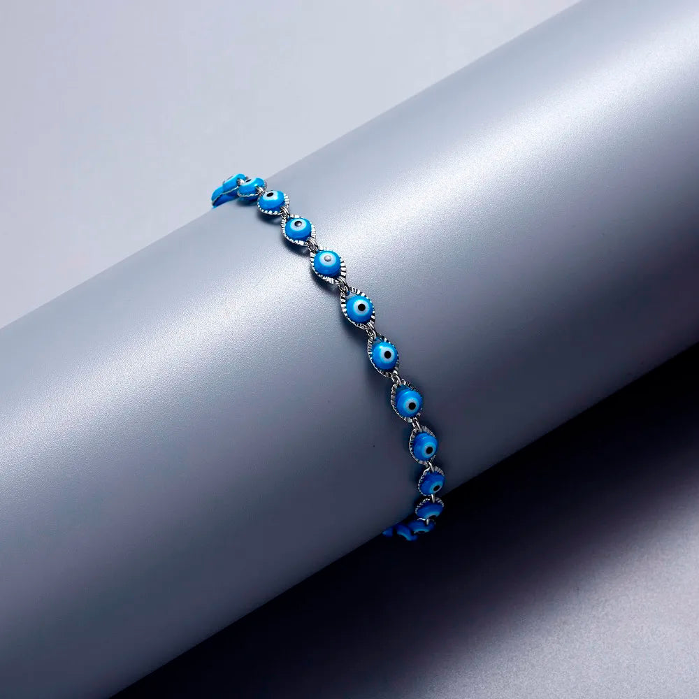 Lucky Handmade Vintage Rhinestone Palm Blue Evil Eye Pendant Link Chain Bracelet For Women Men Good Luck Bracelet Jewelry Gift