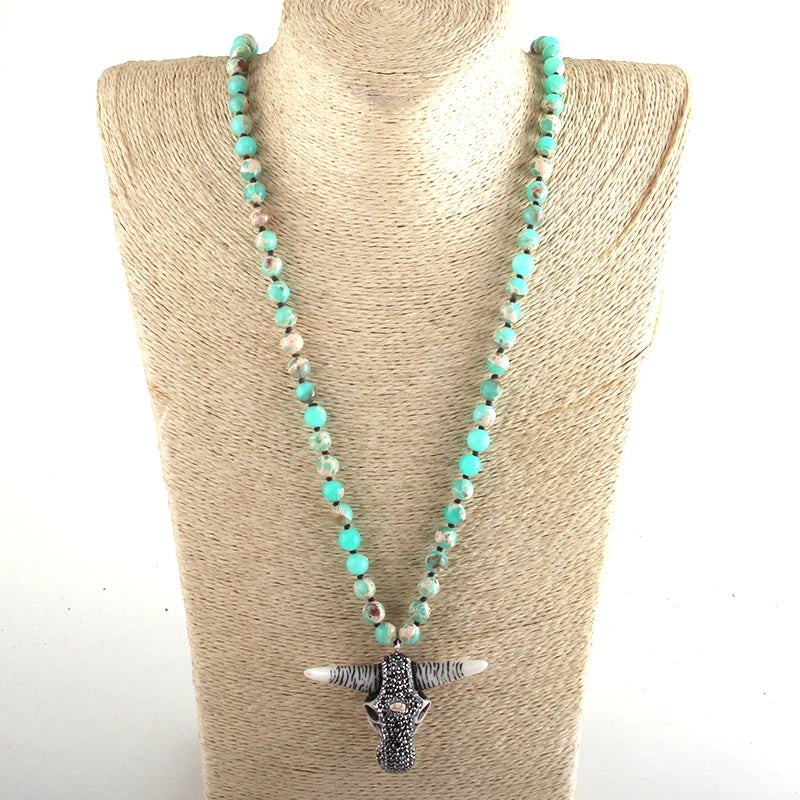 RH Fashion Boho Jewelry Empire Stones Long Knotted Bull Head Pendant Necklaces Dropship