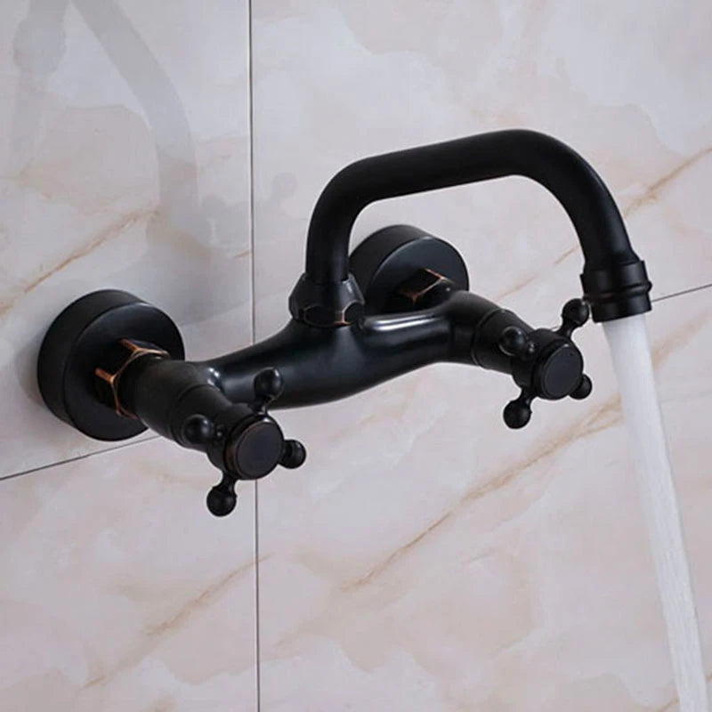 Antique Brass Kitchen Faucet Hot And Cold Water Mixer Faucets Wall Mounted Tap Vessel Sink Mixer Tap Swivel Spout Basin Mixer