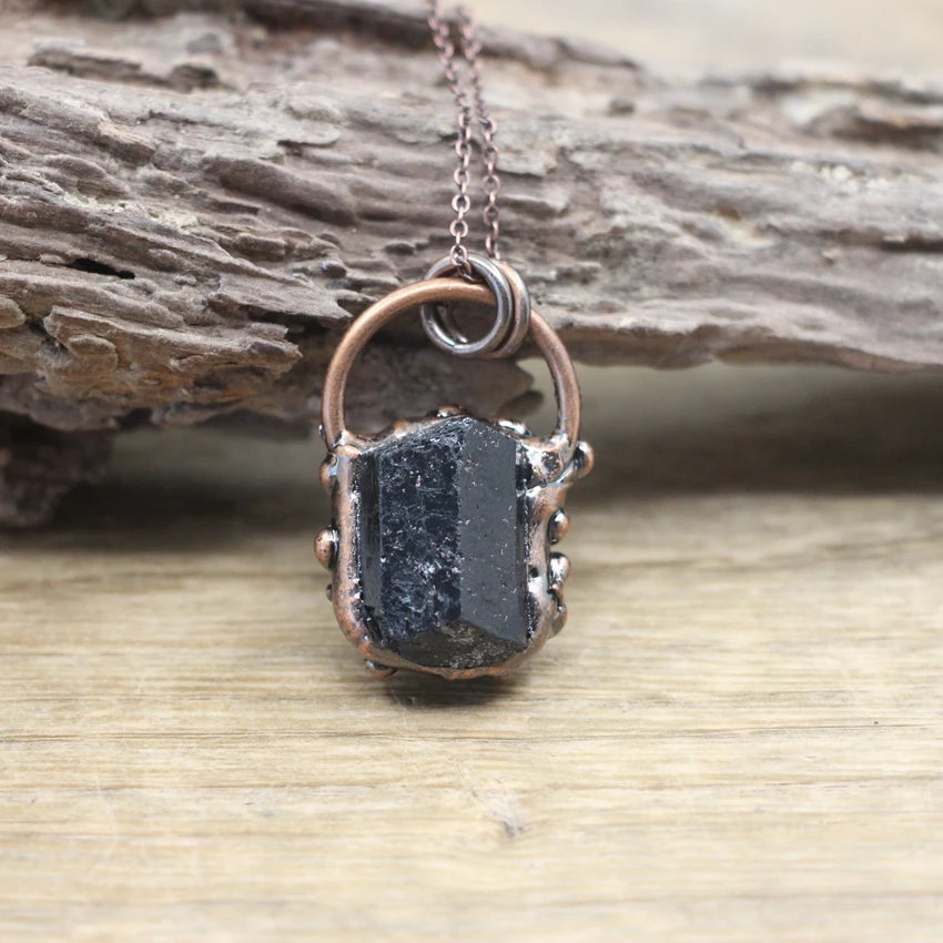 Raw Black Tourmaline Citrines Antique Copper Hoop Pendants Necklace,Healing Energy Ore Amethysts Meditation Retro Jewelry,QC3043