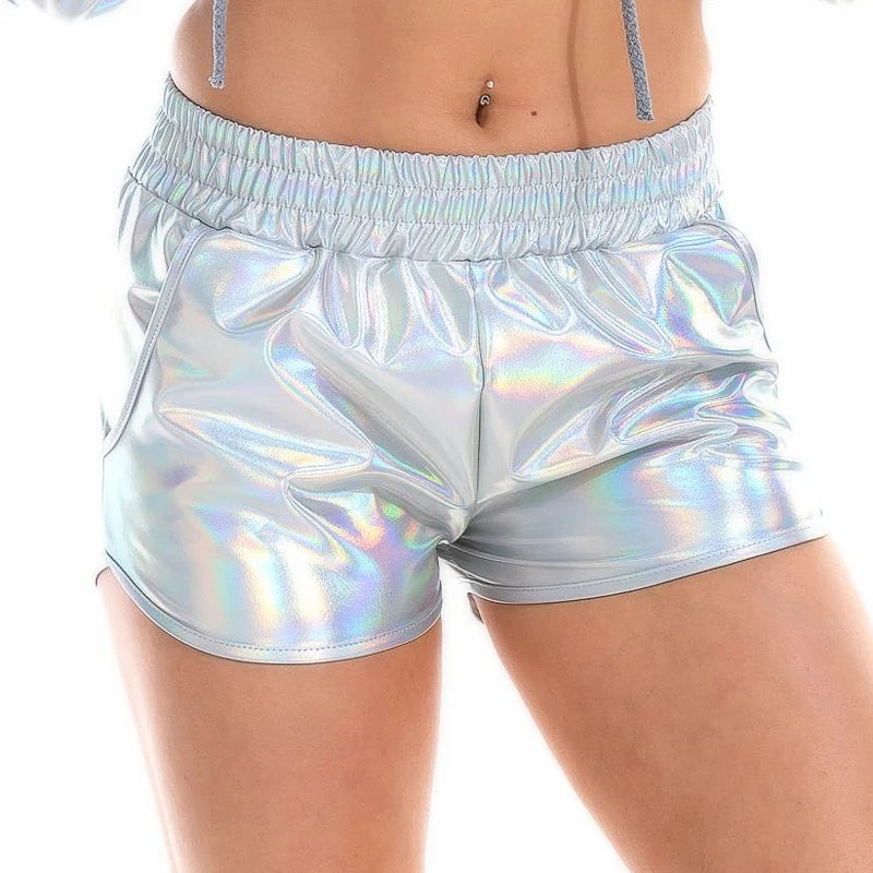 Women Skinny PU Leather Gold Leopard Shorts Summer Shiny Elastic Waist Metallic Booty Club Rave Festival HotPants Bottoms
