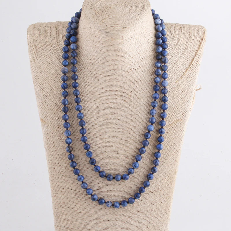 New Bohemian Jewelry long Knotted Halsband 8mm 125-128cm Double wrap Natural Stone Necklace