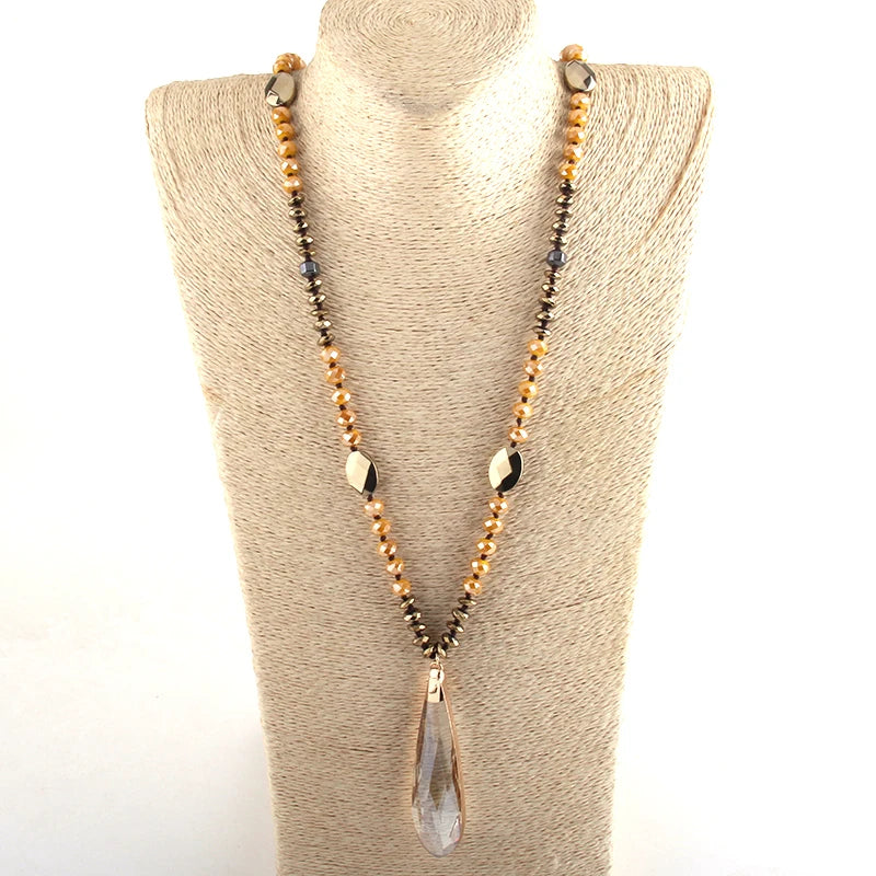 Fashion Bohemian Tribal Jewelry Crystal / Hematite Long Knotted Long Glass Drop Pendant Necklaces