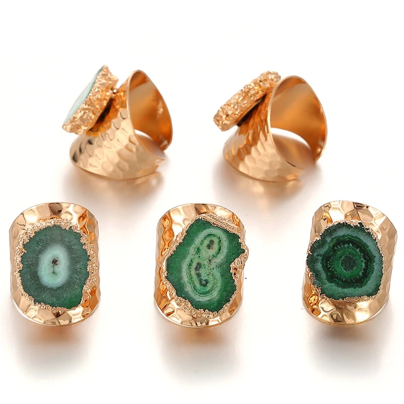 Boho Irregular Natural Stone Agate Slices Sunflower Wide Open Ring for Women Gold Plated Resizable Finger Jewelry