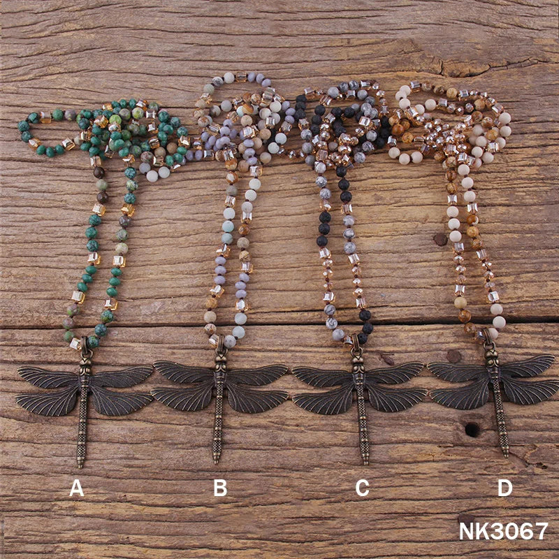 RH Fashion Bohemian Jewelry Accessory 6mm Stones/Crystal Knotted With Metal Retro Dragonfly Pendant Necklaces Women Boho Gift