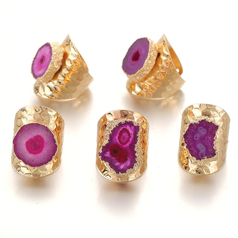 Boho Irregular Natural Stone Agate Slices Sunflower Wide Open Ring for Women Gold Plated Resizable Finger Jewelry