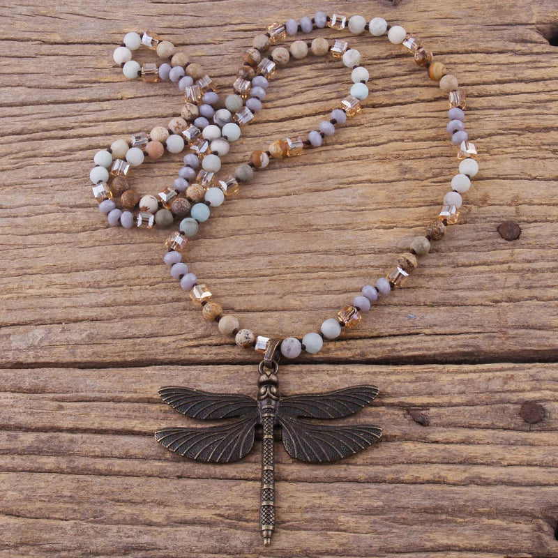 RH Fashion Bohemian Jewelry Accessory 6mm Stones/Crystal Knotted With Metal Retro Dragonfly Pendant Necklaces Women Boho Gift