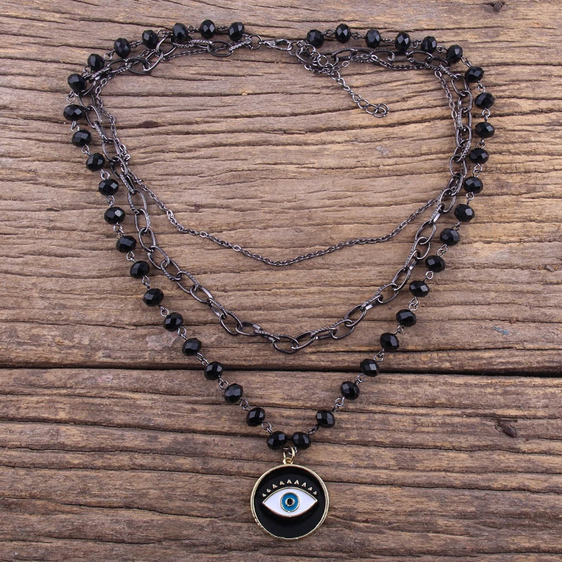 Fashion Bohemian Tribal Jewelry 3 Layer Multiple Black Glass Crystal Rosary Link & Chain Cross Pendant Necklaces