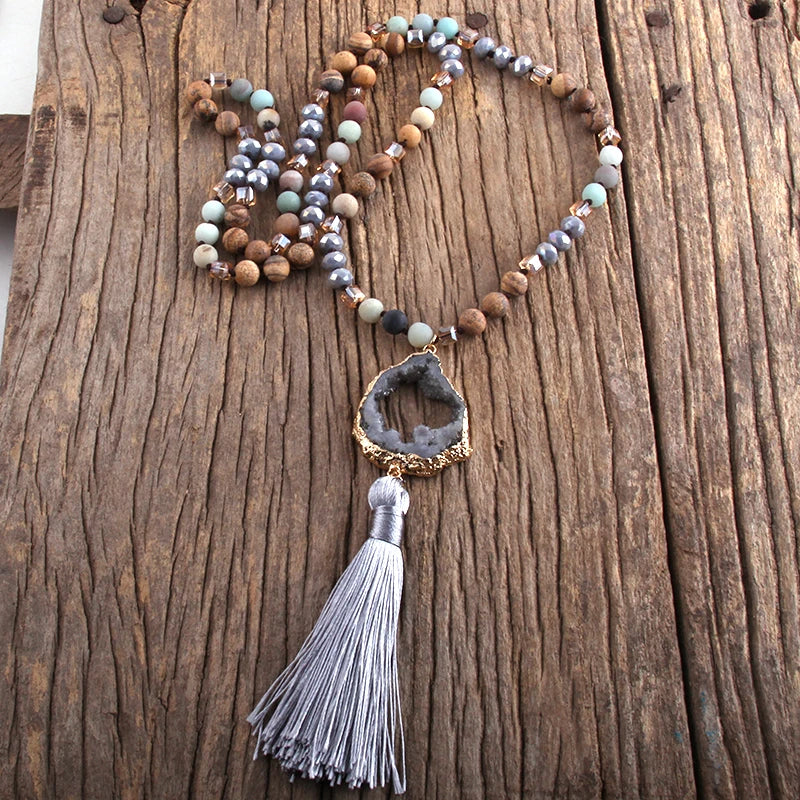 RH Fashion Bohemian Jewelry Natural Stones Crystal Knotted Druzy Stone Links Tassel Necklaces Women Gift Drop Shipping
