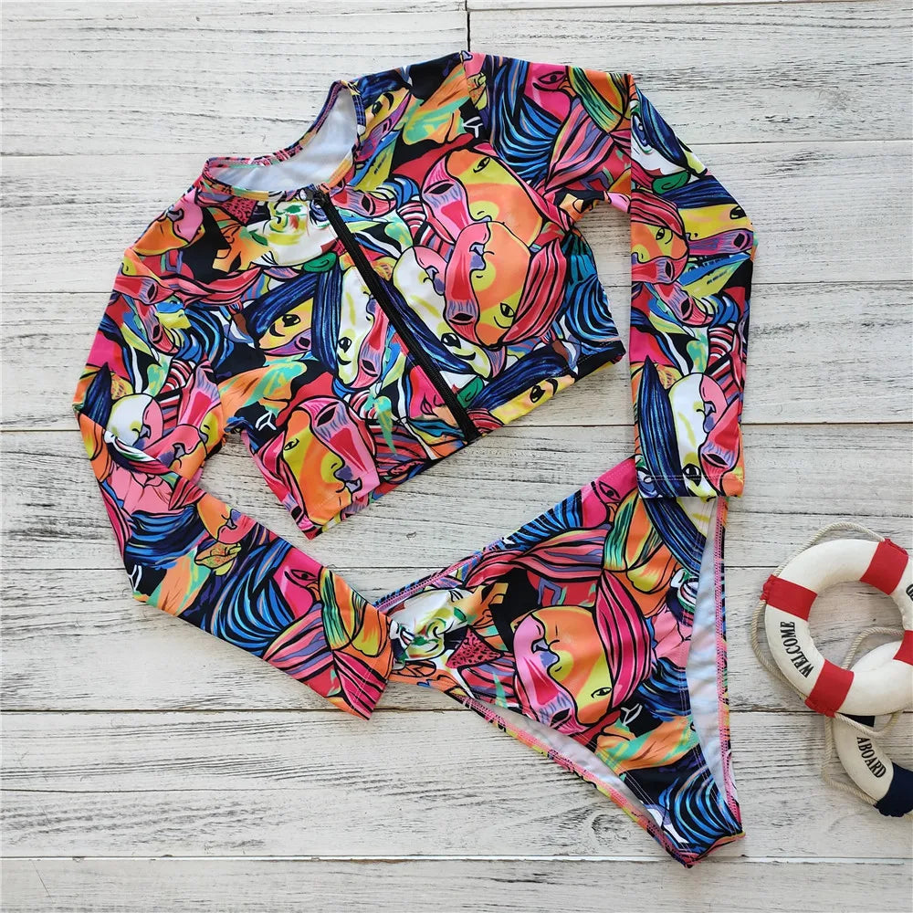2023 Sexy Long Sleeve Bikinis Women Swimsuit Green Leaves Print Bathing Suits Beachwear Brazilian Bikini Set Biquini Female