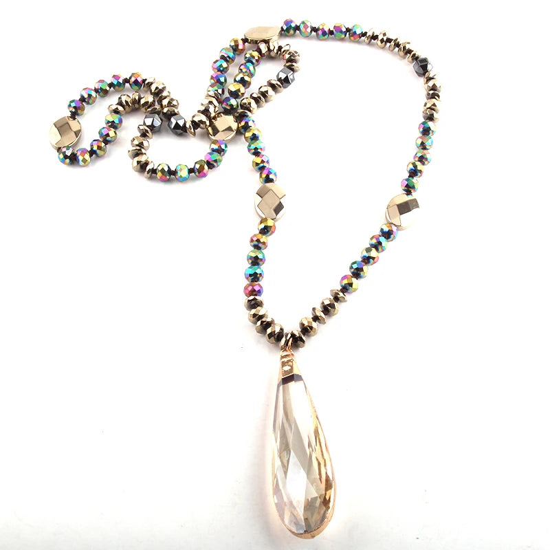 Fashion Bohemian Tribal Jewelry Crystal / Hematite Long Knotted Long Glass Drop Pendant Necklaces