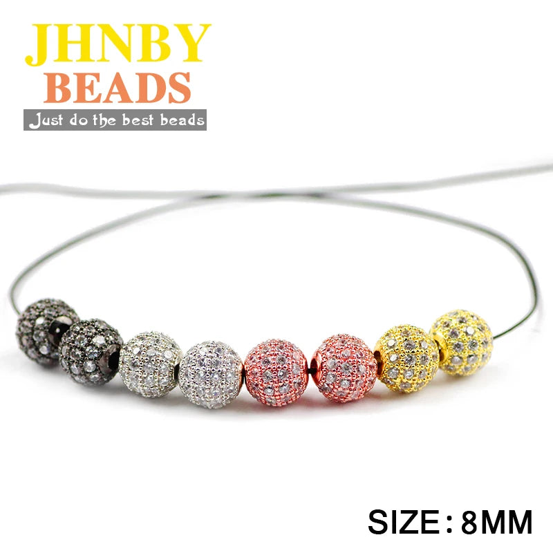 JHNBY 4pcs White Zircon Copper Spacer Beads 6/8/10mm Round Pave CZ Crystal Ball Loose Beads Jewelry Bracelet Making DIY Findings