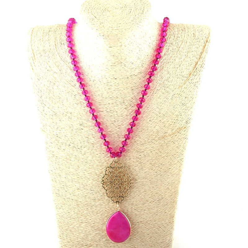 Fashion Bohemian Jewelry Glass Crystal Long Knotted Metall Grid Link Stone Drop Pendant Necklaces For Women Necklace