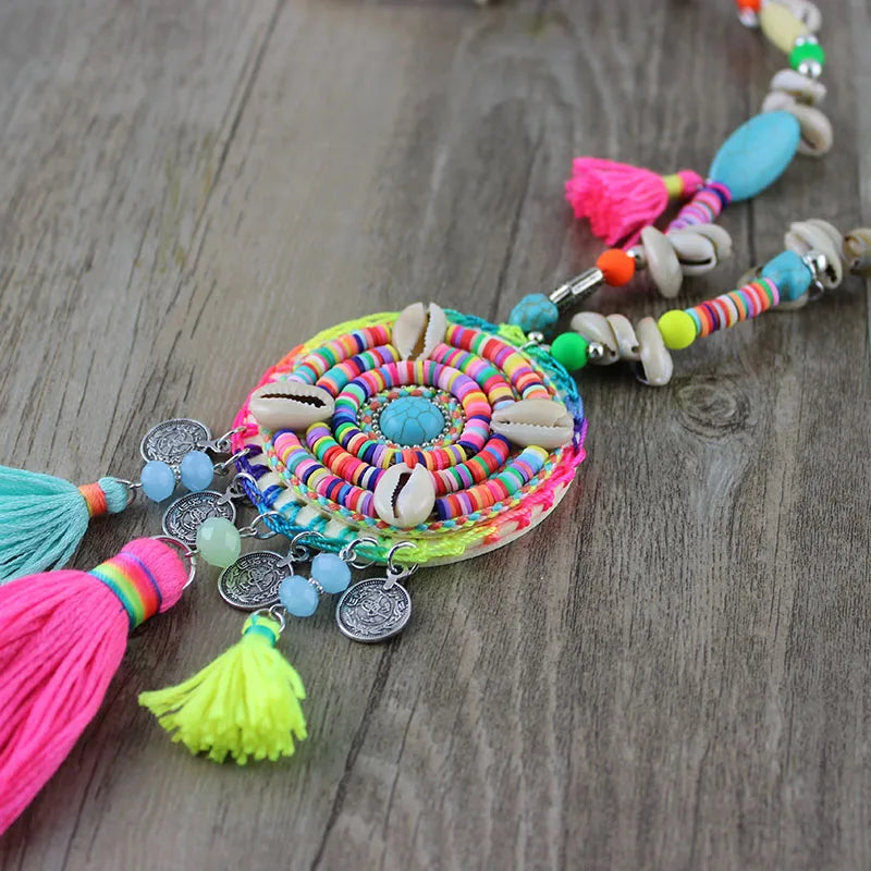 Bohemian Ethnic rainbow Beads Long Necklace Jewelry for Women necklace colorful Handmade Tassel pendant female dress