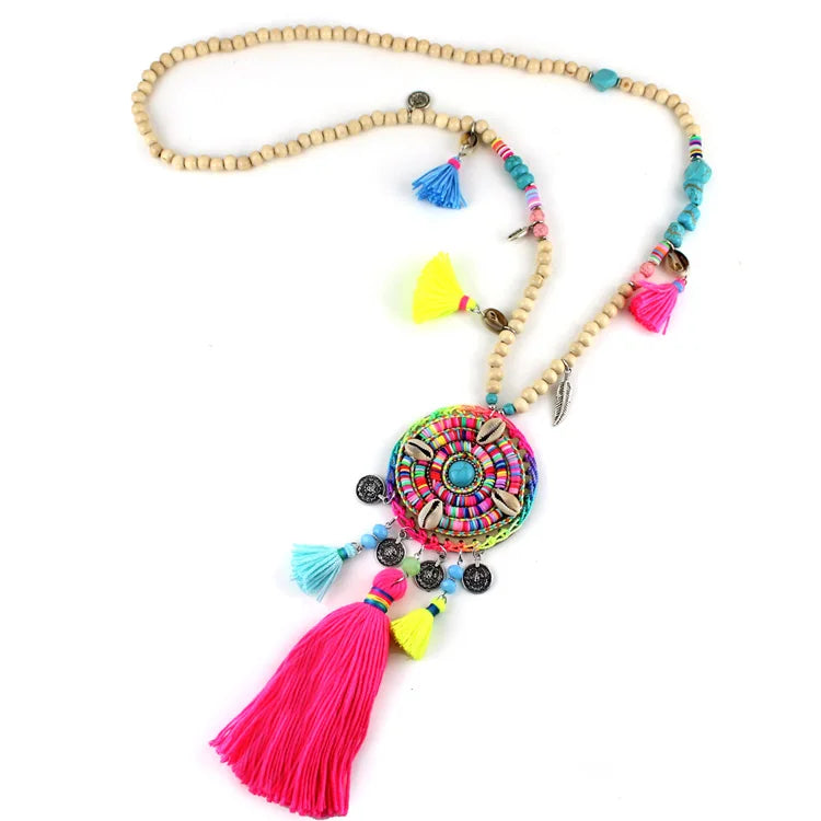 Bohemian Ethnic rainbow Beads Long Necklace Jewelry for Women necklace colorful Handmade Tassel pendant female dress